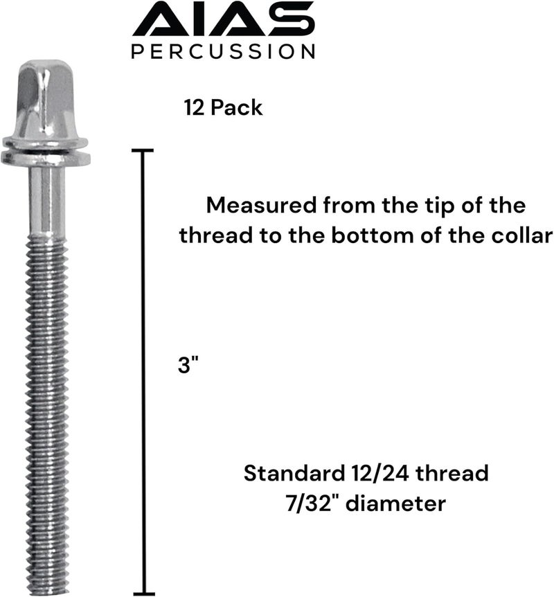 AIAS 3 Inch Chrome Plated Drum Tension Rods 12 Pack with Washers | Replacement Tuning Screws for Snare and Tom Drums - Image 2